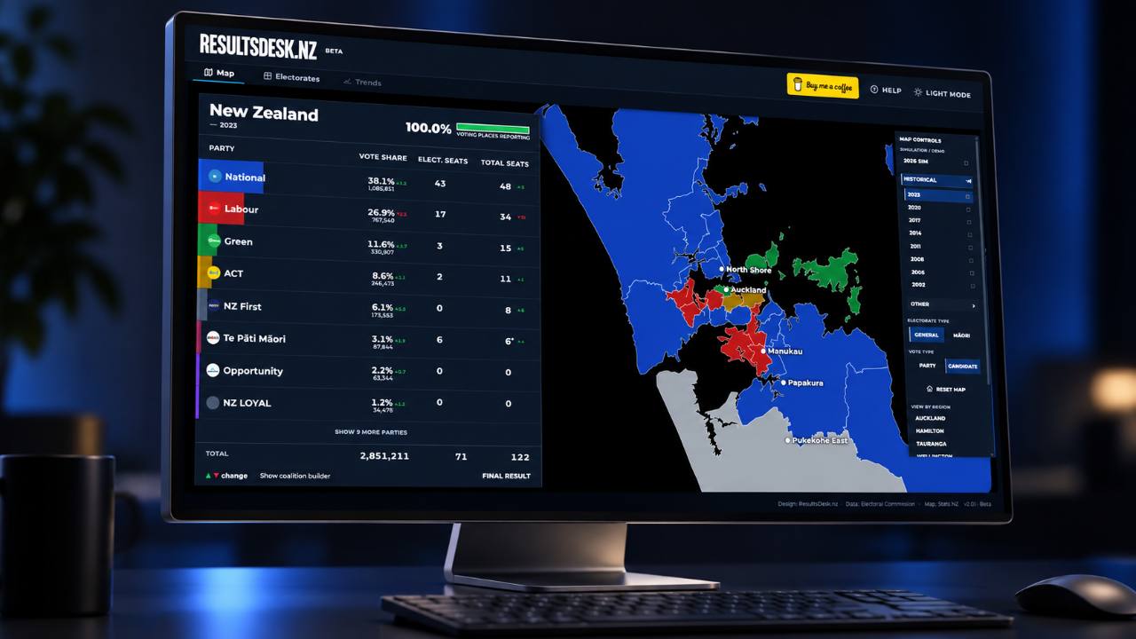 Preview of the ResultsDesk beta app showing the New Zealand map, party vote table and map controls.